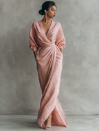 Abito Maxi Minimalista Rosa con scollo a V in misto Lino da Donna