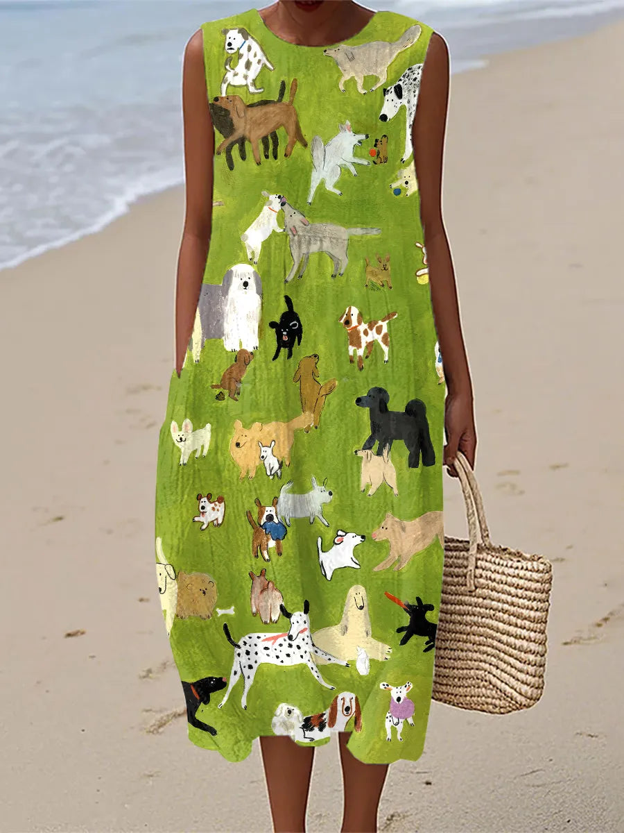 Isabella | Vestito Midi con Stampa di Cani in Olio