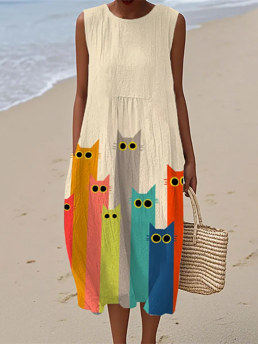 Penelope | Abito Midi con Stampa di Gatti Colorati