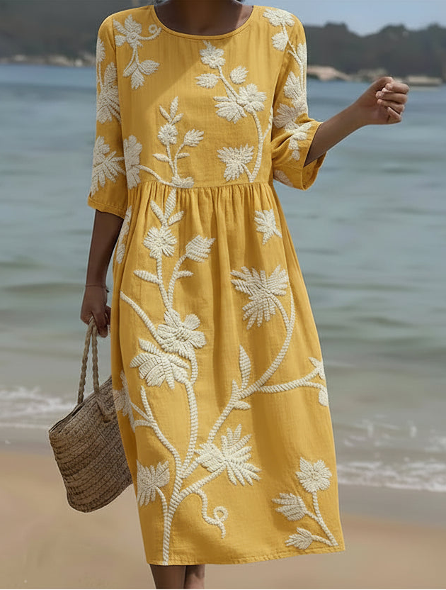 Yassy | Vestito Midi con Stampa di Piante e Fiori