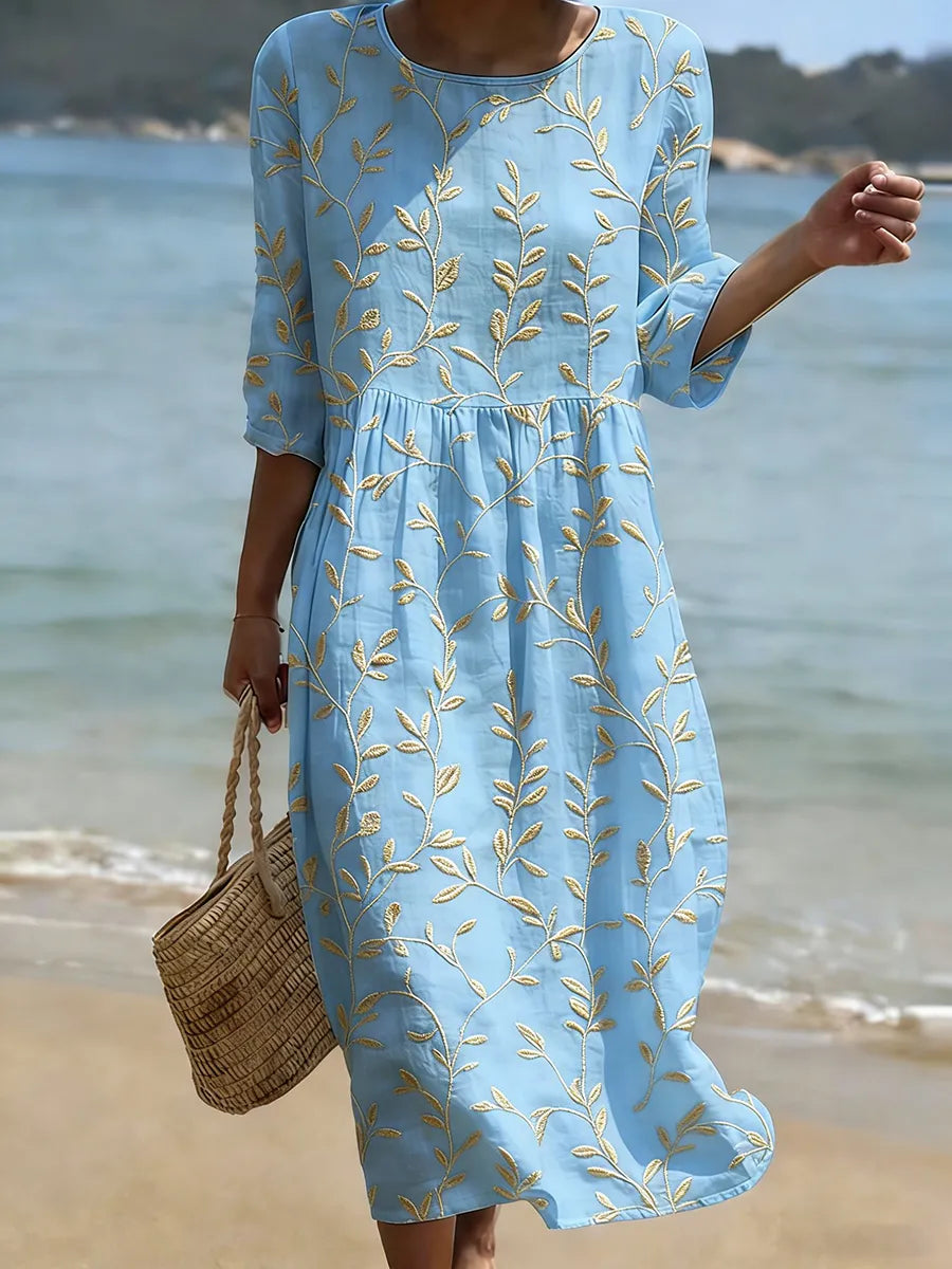 Natalie | Abito midi a girocollo con stampa di piante e fiori