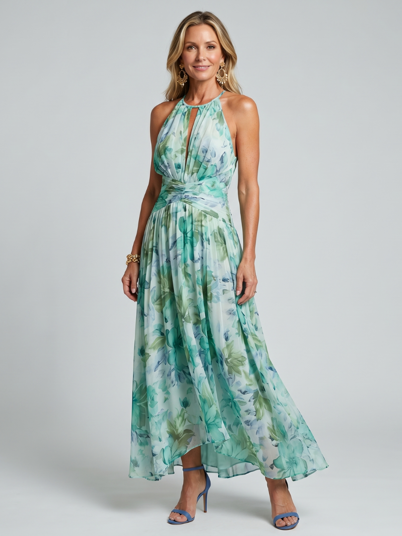 Portia | Abito midi a pieghe con scollo all'americana e motivo floreale morbido