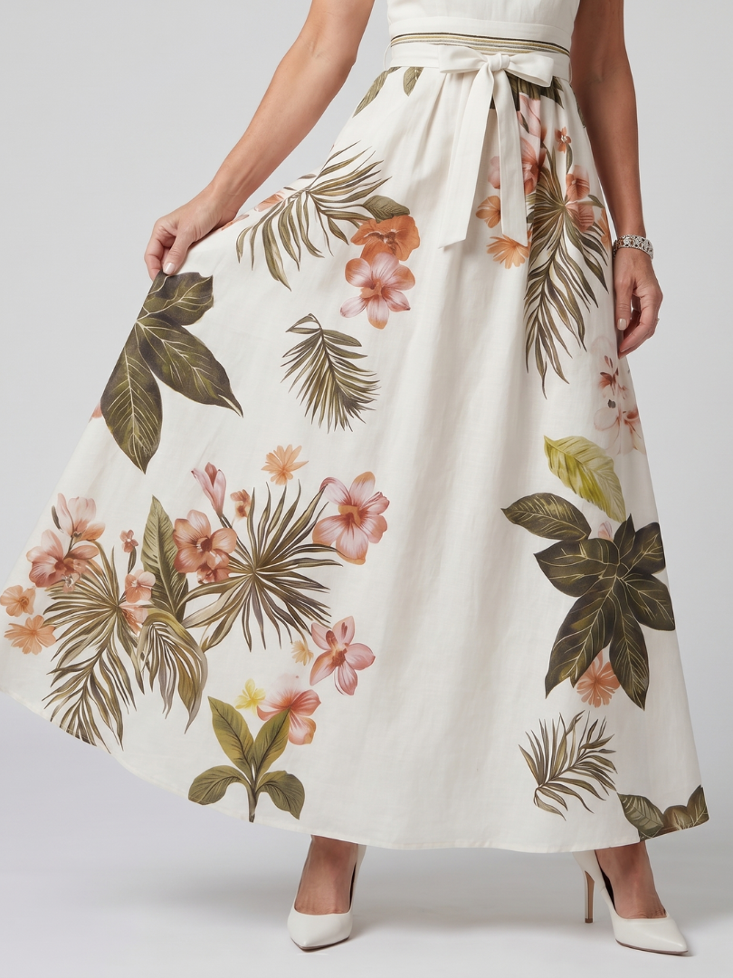 Prato | Abito Maxi con Pannello Botanico e Scollo All'Americana