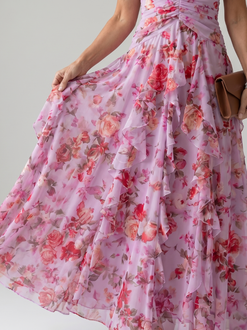 Nori | Abito Maxi Floreale con Corpino Arricciato e Scollo All'Americana