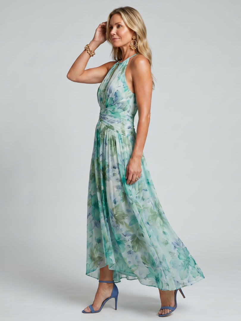 Portia | Abito midi a pieghe con scollo all'americana e motivo floreale morbido