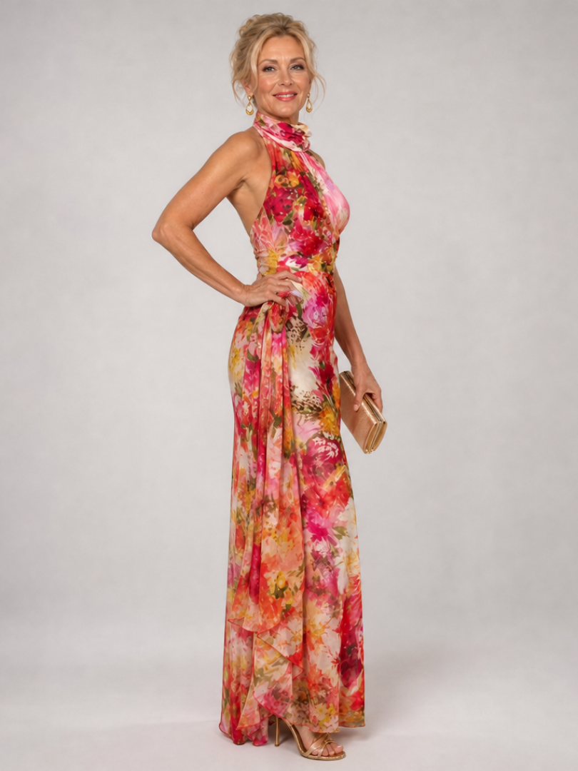 Elisabetta | Abito Maxi con Stampa Floreale e Collo Halter