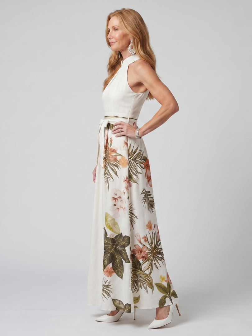 Prato | Abito Maxi con Pannello Botanico e Scollo All'Americana