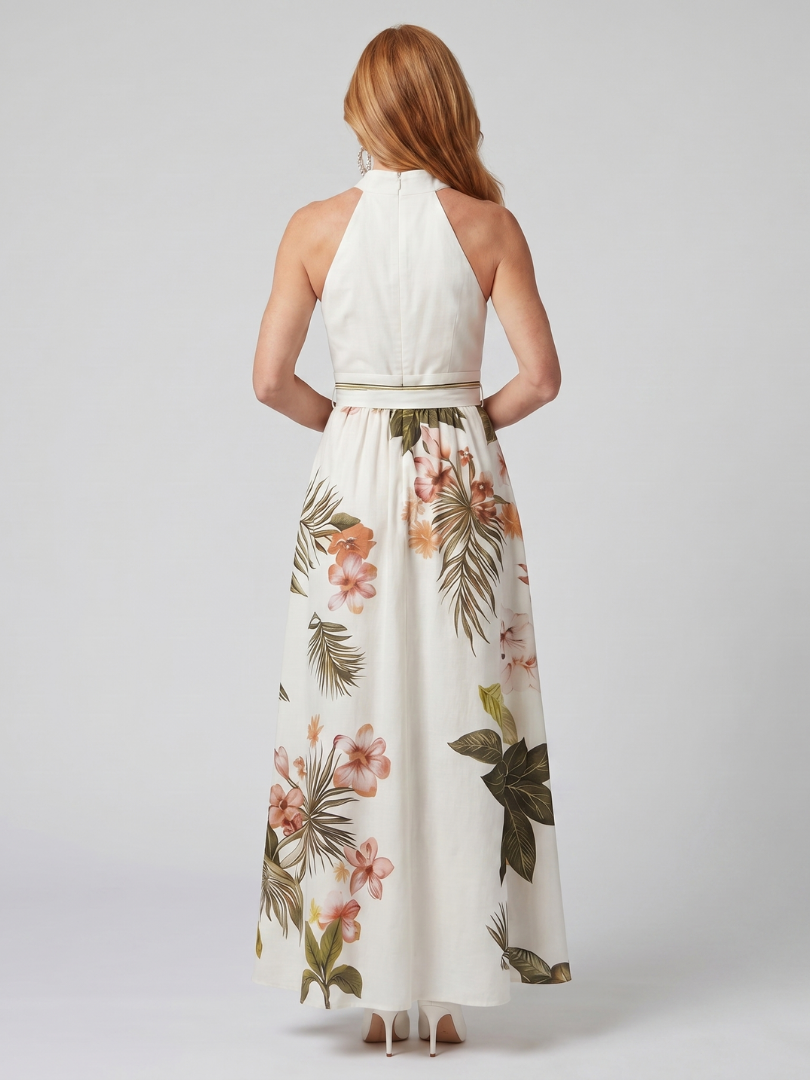 Prato | Abito Maxi con Pannello Botanico e Scollo All'Americana