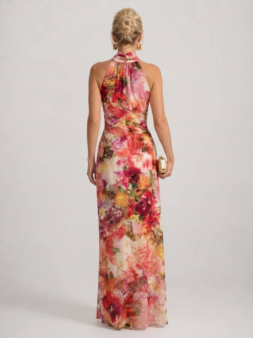 Elisabetta | Abito Maxi con Stampa Floreale e Collo Halter