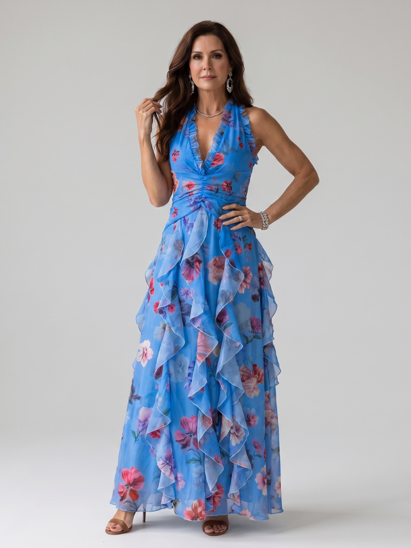 Nori | Abito Maxi Floreale con Corpino Arricciato e Scollo All'Americana