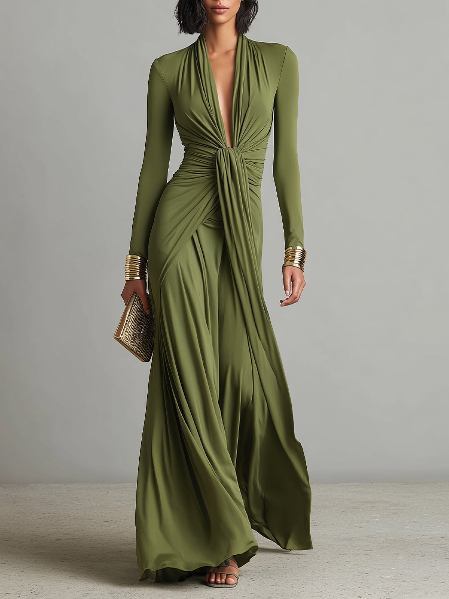 Abito Lungo Verde Oliva in Seta Elastico con Profondo Scollo a V e Dettagli Arricciati, Abito Maxi Glamour