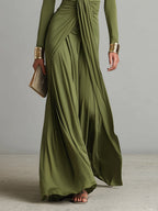 Abito Lungo Verde Oliva in Seta Elastico con Profondo Scollo a V e Dettagli Arricciati, Abito Maxi Glamour