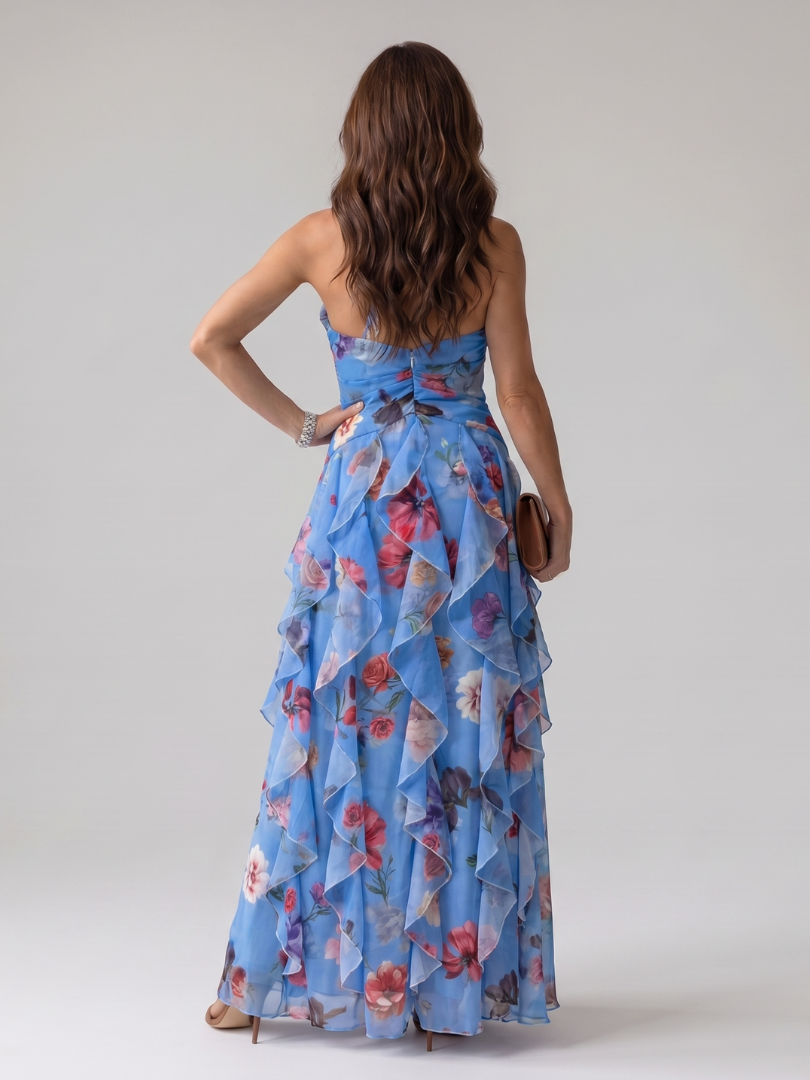 Nori | Abito Maxi Floreale con Corpino Arricciato e Scollo All'Americana