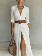 Abito Maxi Lungo con Collo a Revers e Maniche Lunghe in Lino per Donna