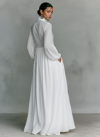 Abito Maxi Minimalista in Cotone e Lino con Patchwork, Collo Alzato e Maniche Lunghe