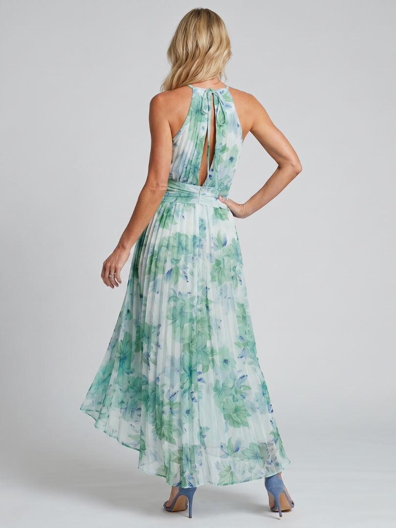 Portia | Abito midi a pieghe con scollo all'americana e motivo floreale morbido