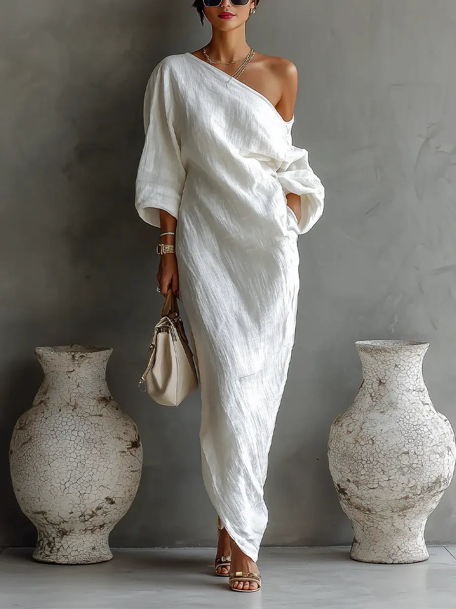 Nerina • Abito maxi monospalla elegante e fluido