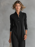 Abito Maxi Felpa Donna con Colletto Button-down e Bordo Bianco