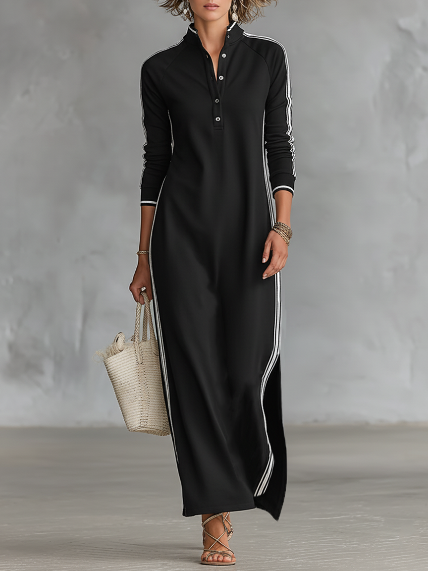Abito Maxi Felpa Donna con Colletto Button-down e Bordo Bianco
