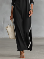 Abito Maxi Felpa Donna con Colletto Button-down e Bordo Bianco