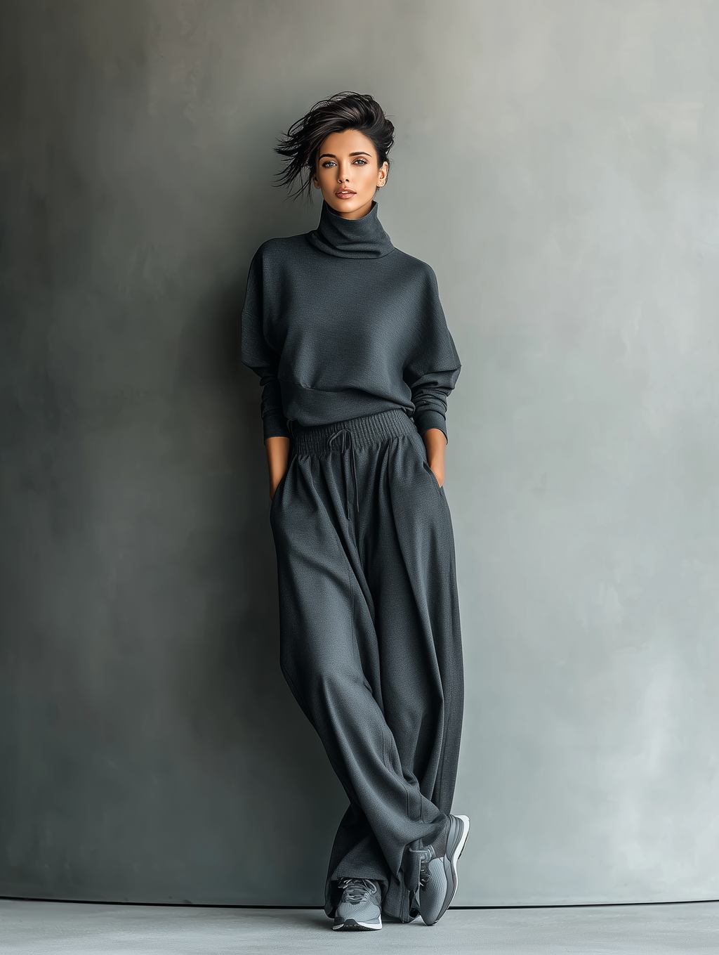 Set da donna in maglia di carbone con collo alto e pantaloni a gamba larga
